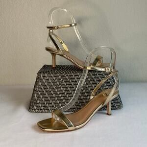 Lulus Gold Ankle Strap Open Toe Sandals Size 8 Heel Height 2.5”